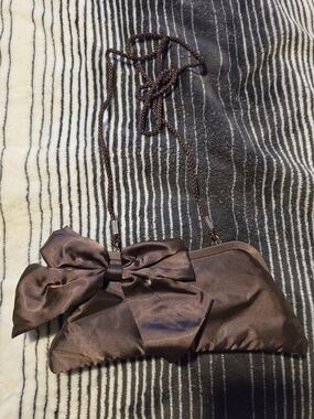 Kate Landry Brown Satin Bow Evening Clutch with Chain Strap